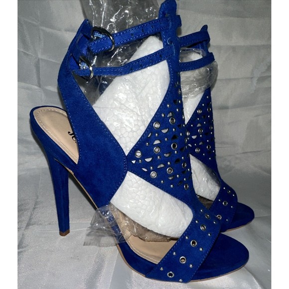 Just Fab Women's Size 8.5 Platform Stiletto 5in Heels Blue Silver Design Straps - Picture 1 of 16